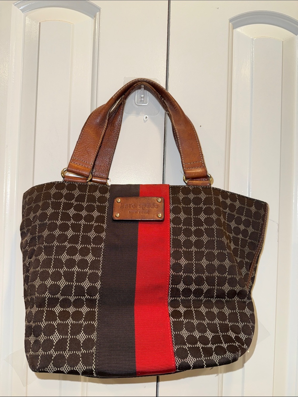 kate spade Brown Canvas Tote with Red & Black Center Stripe
